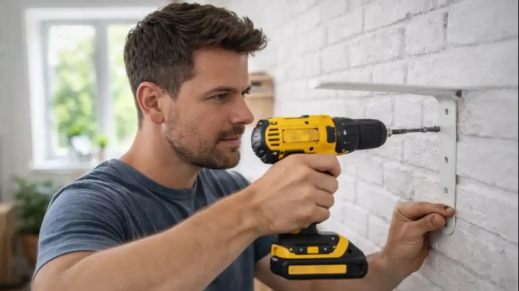 Principiante atornillando un soporte de estantería en la pared con un taladro, concentrado y satisfecho