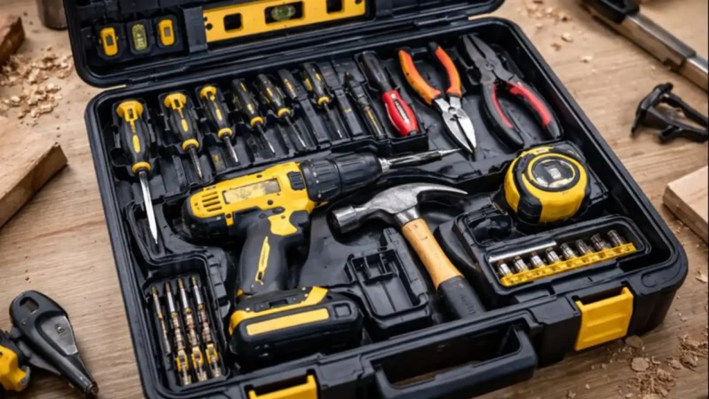 Caja de herramientas abierta con destornilladores, martillo, taladro, alicates, cinta métrica y nivel
