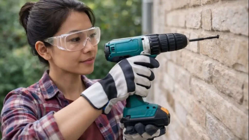 Persona usando un taladro con gafas protectoras y guantes sobre una pared de piedra