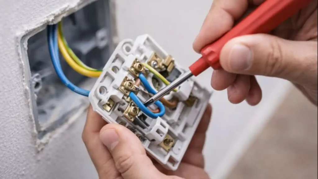 Manos con destornillador ajustando cables de un enchufe con la corriente cortada