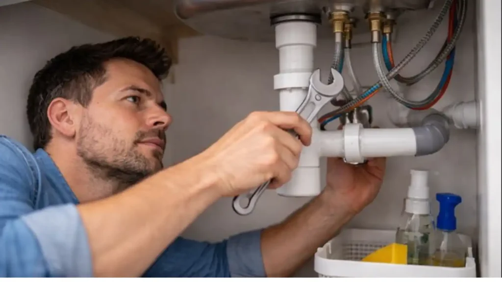 Persona ajustando las conexiones del grifo bajo el fregadero con una llave inglesa