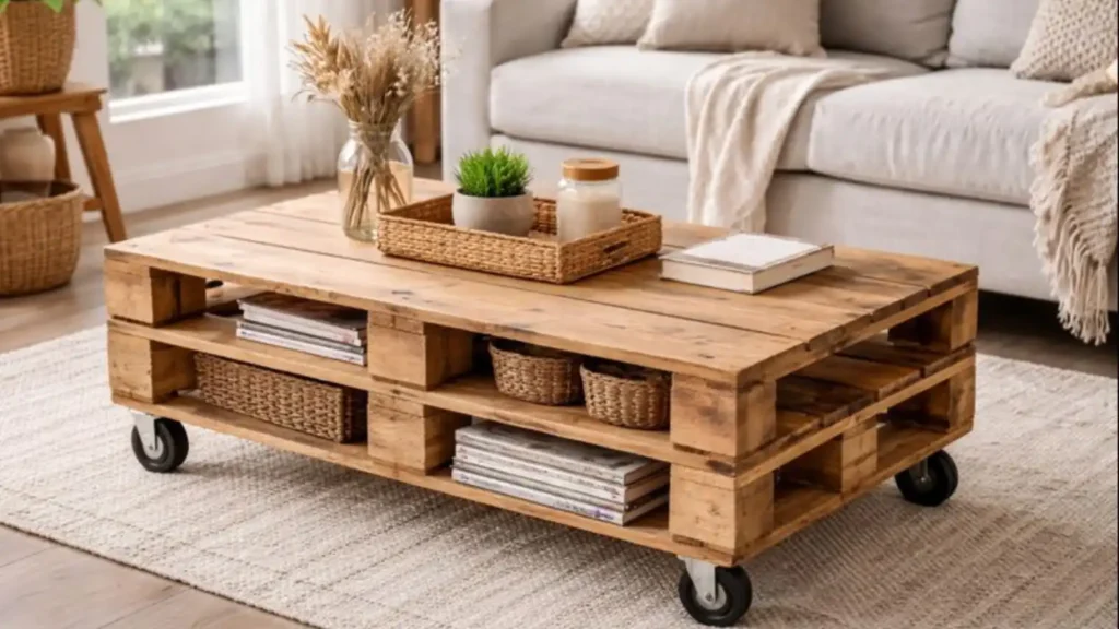 Mesa de centro hecha con palets de madera reciclados en un salón luminoso