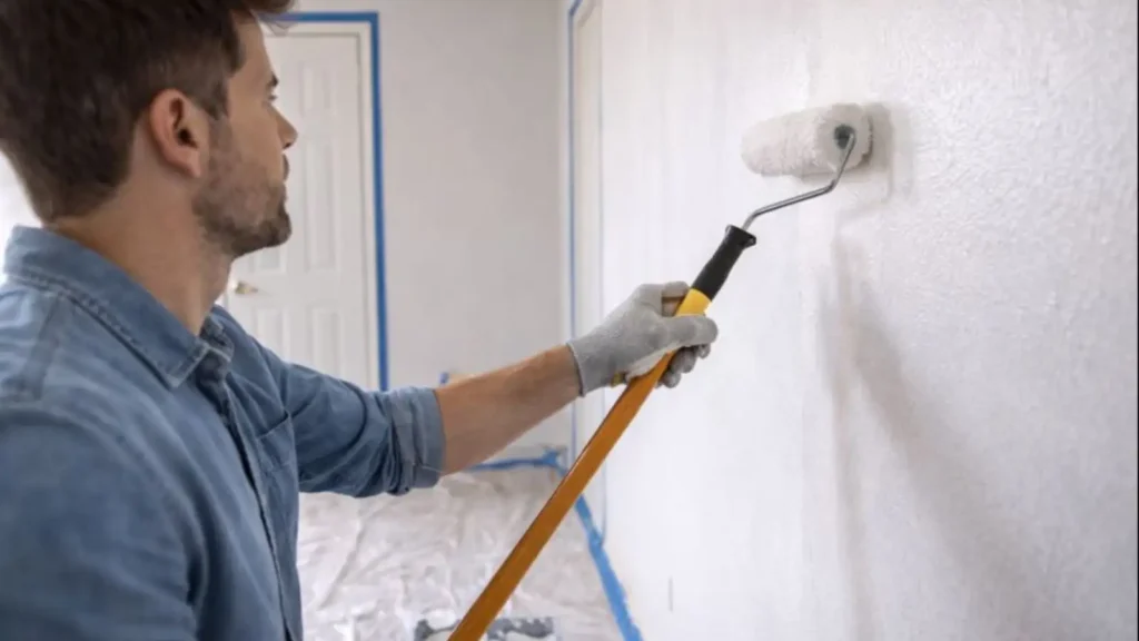 Persona pintando una pared interior con rodillo y cinta de carrocero protegiendo los bordes