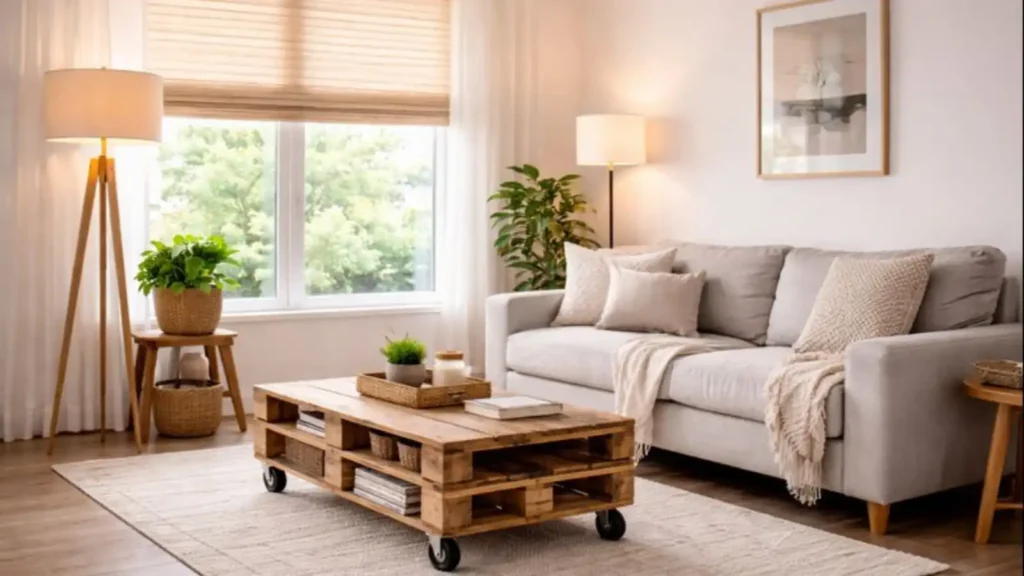 Salón real con luz natural lámparas de pie encendidas y persiana a media altura