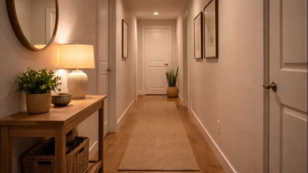 Pasillo real con iluminación tenue encendida automáticamente, ambiente cálido y sin marcas visibles