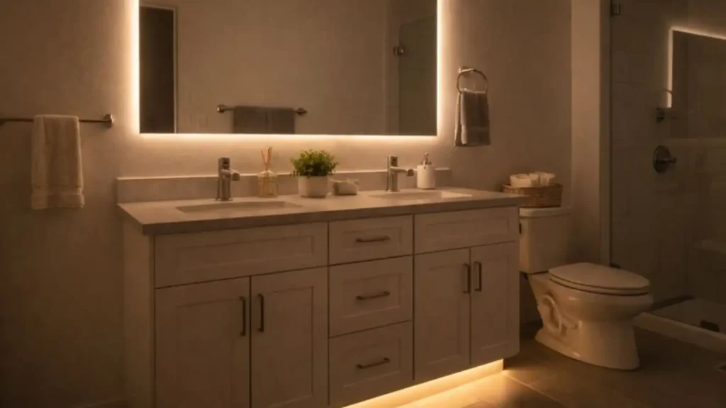 Baño real con tira LED cálida bajo el mueble y luz de espejo tenue