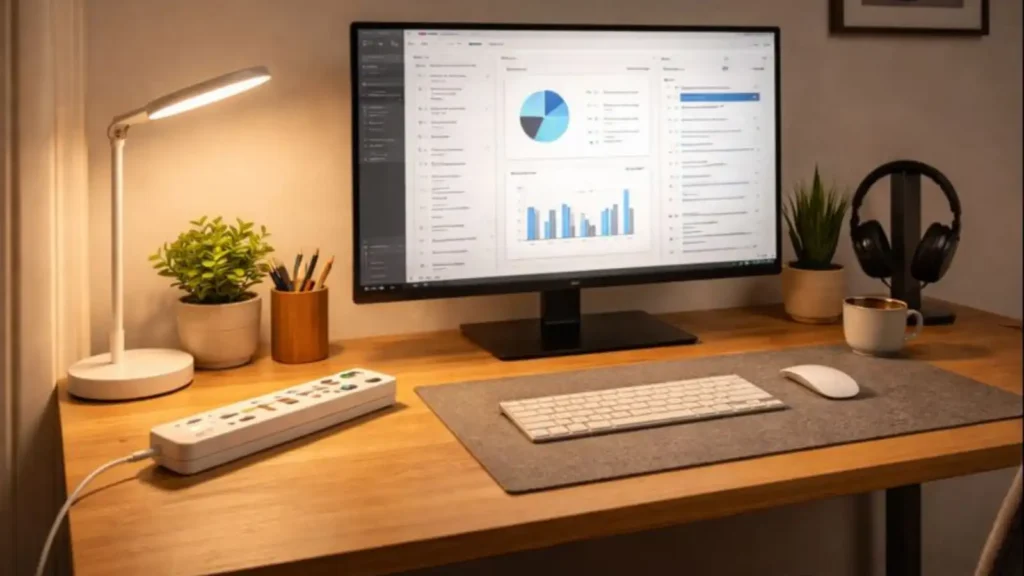 Escritorio con lámpara inteligente regleta apagable y monitor en modo trabajo sin marcas