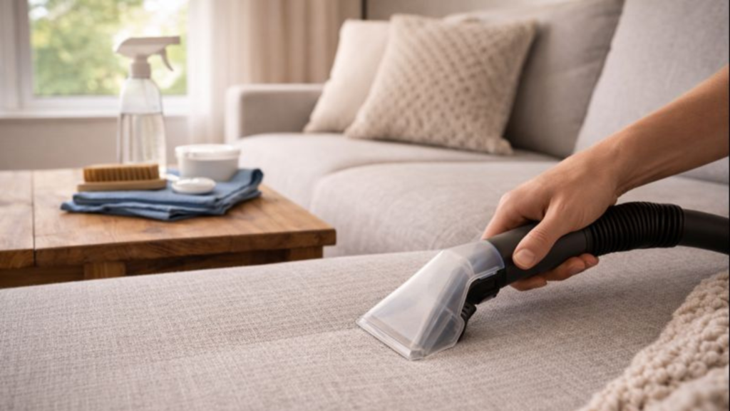 Mano limpiando el sofá con boquilla de tapicerías y kit de limpieza al fondo