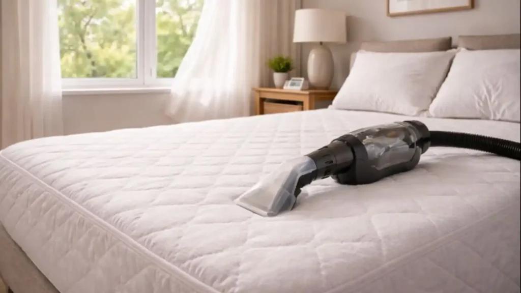 Colchón con protector extendido y aspirador con boquilla de tapicerías junto a la ventana