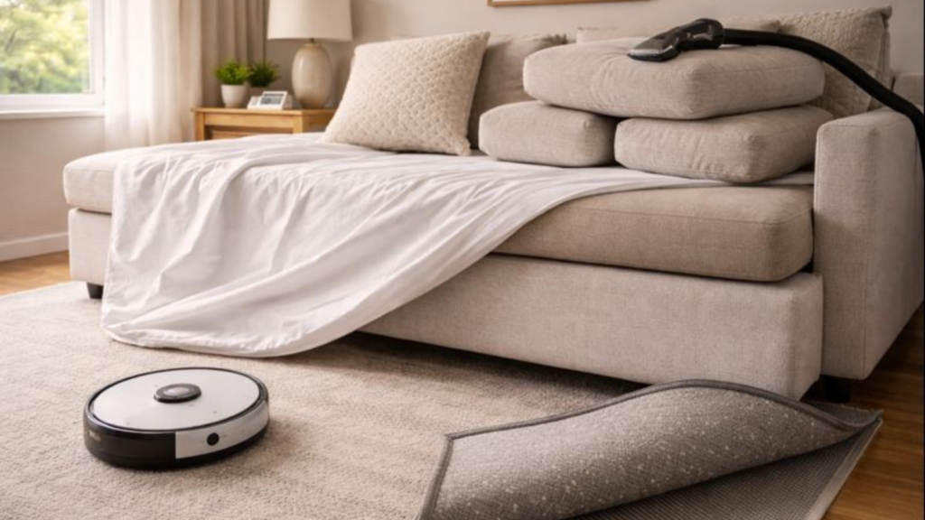 Sofá con funda lavable retirada cojines volteados y aspirador robot junto a alfombra