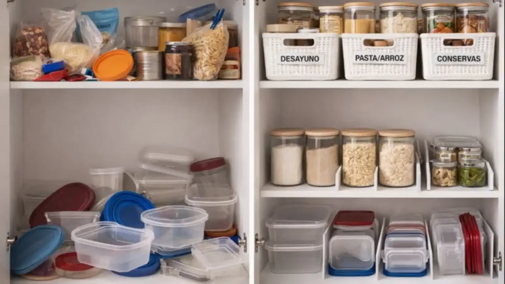 Armario de cocina antes y después con envases desordenados y cestas etiquetadas