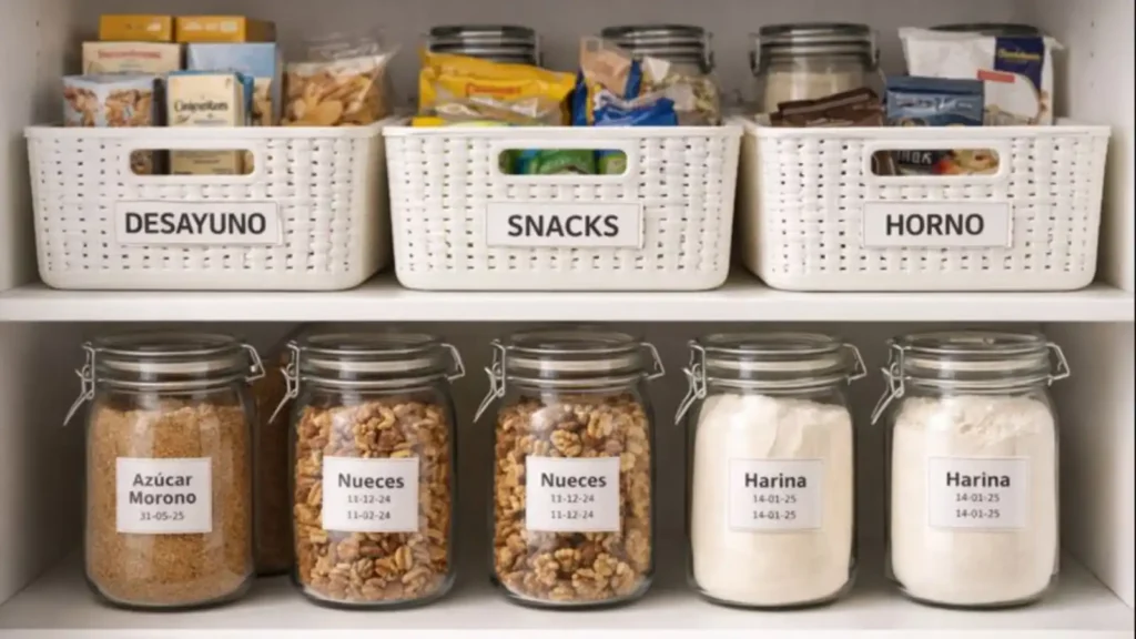 Estante con cestas blancas etiquetadas desayuno snacks y horno y botes transparentes