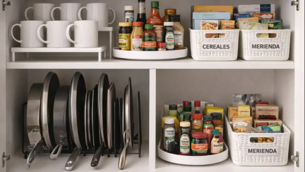 Interior de mueble de cocina con elevadores para tazas separador de sartenes y bandejas giratorias