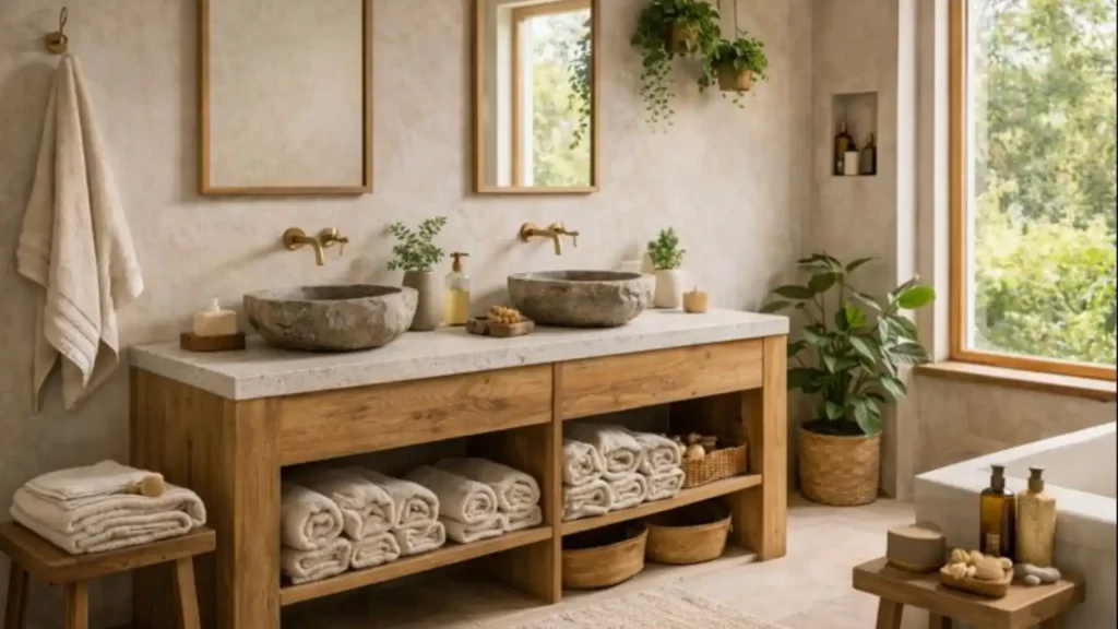 Baño ecológico con madera y piedra