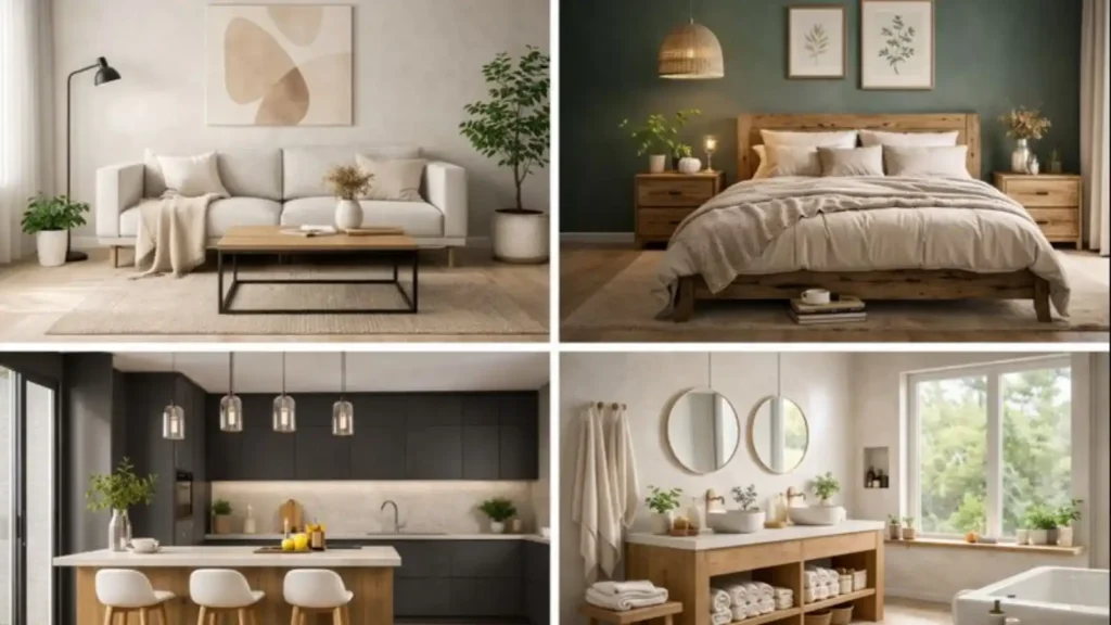 Ideas de colores para pintar tu casa con Collage con salón beige, cocina verde manzana, dormitorio azul claro y baño blanco con detalles pastel