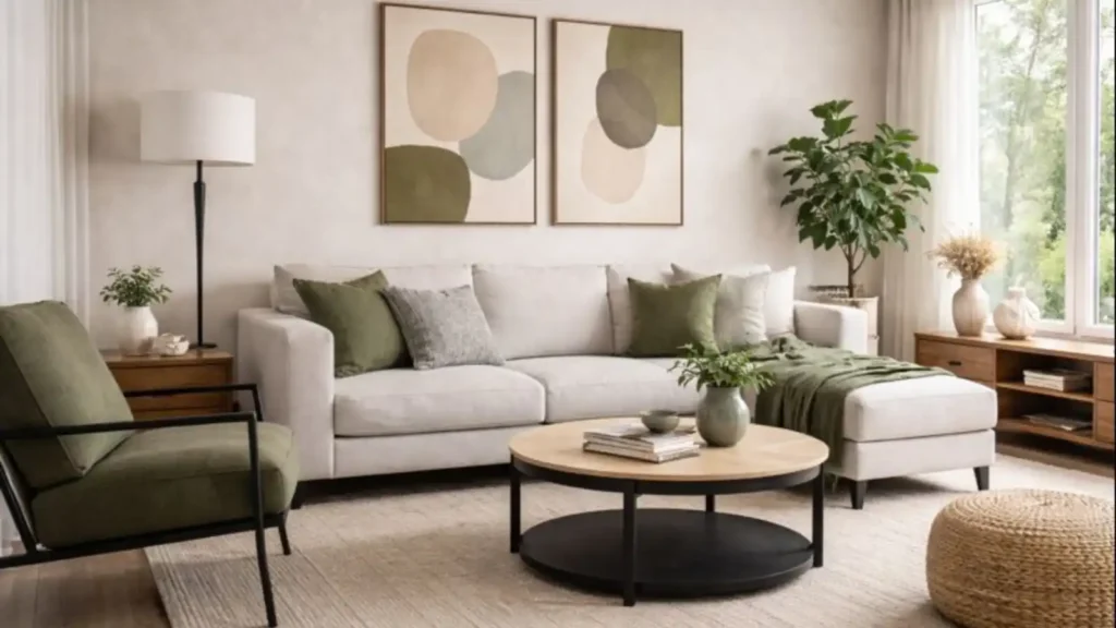 Salón acogedor pintado en beige con detalles en verde oliva.