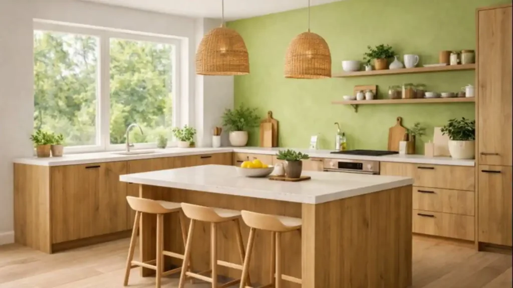 Cocina moderna pintada de blanco con pared verde manzana.