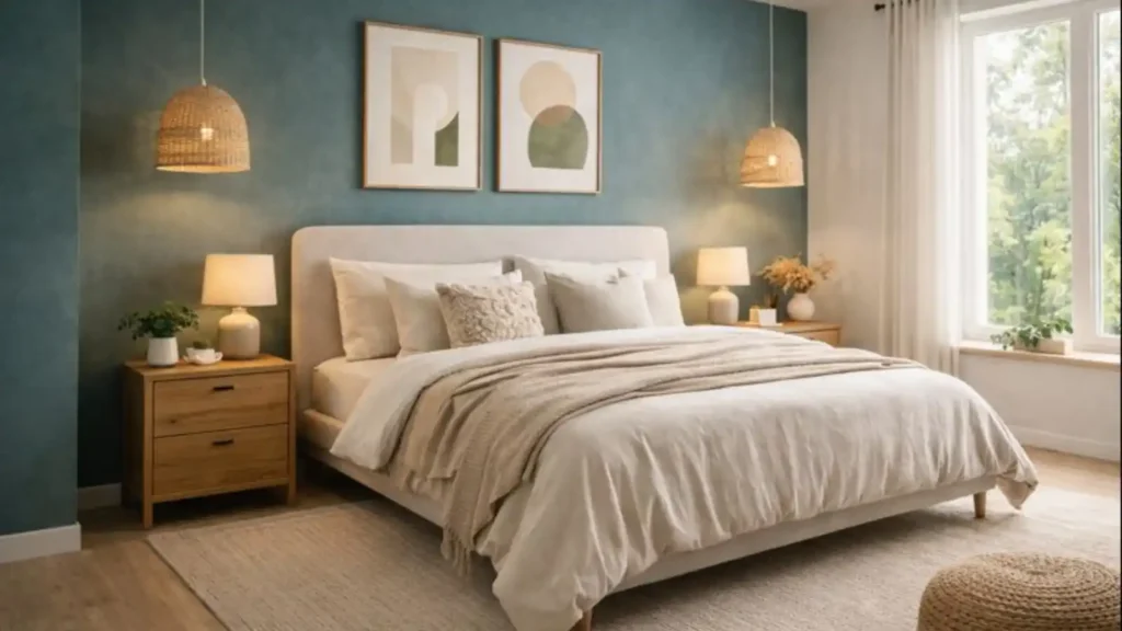 Dormitorio moderno pintado en azul cielo con detalles en blanco y verde esmeralda