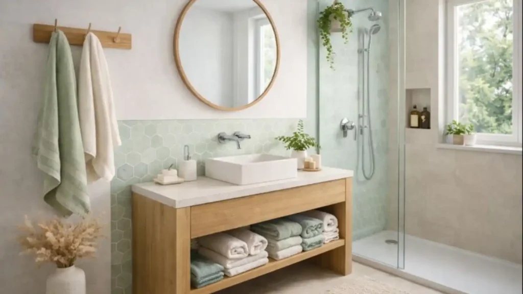 Baño pequeño pintado en blanco con detalles en azul pastel y decoración tipo spa