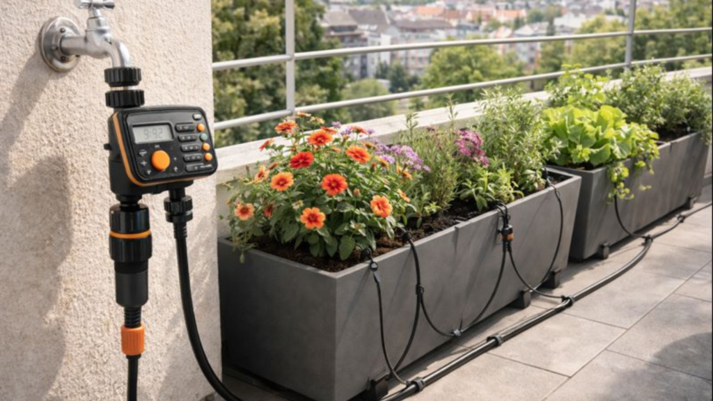 Balcón con jardineras y riego por goteo casero conectado con tubo de 16 mm y microtubos de 4 mm, programador en grifo con filtro y reductor de presión