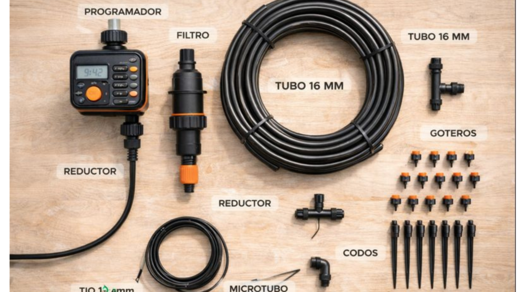 Componentes de riego por goteo sobre mesa: programador de grifo, filtro, reductor de presión, bobina de tubo 16 mm, microtubo 4 mm, conectores T, codos, goteros y estacas
