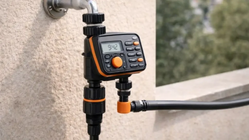 Conexión de riego por goteo en grifo con programador, filtro, reductor de presión y salida al tubo de 16 mm ya instalado