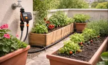 Sistema de riego por goteo casero instalado en terraza con macetas y pequeño huerto urbano, tubo de 16 mm, microtubos y programador automático conectado al grifo