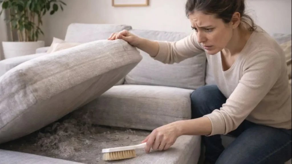 Persona inspeccionando el sofá levantando cojines para comprobar presencia de ácaros