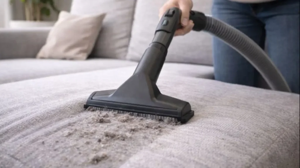 Persona usando una aspiradora para limpiar un sofá y eliminar ácaros del polvo.