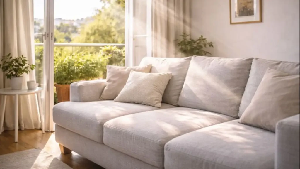 Sofá colocado cerca de una ventana abierta recibiendo luz solar para eliminar ácaros