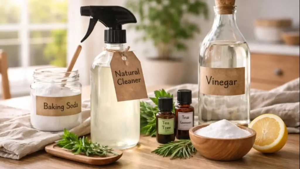 Bote de spray con vinagre y bicarbonato, junto a aceites esenciales y hierbas para eliminar ácaros de forma natural.