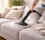 sofá limpio siendo aspirado con filtro HEPA en un salón luminoso para eliminar ácaros del polvo