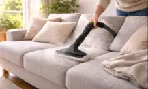 sofá limpio siendo aspirado con filtro HEPA en un salón luminoso para eliminar ácaros del polvo