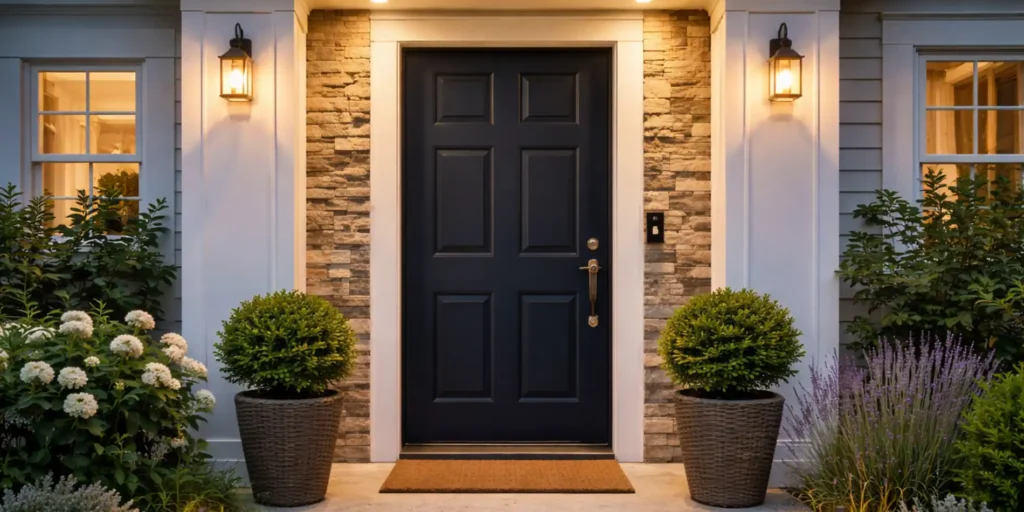 Fachada de casa con puerta sólida de entrada y luces exteriores encendidas que iluminan el acceso principal
