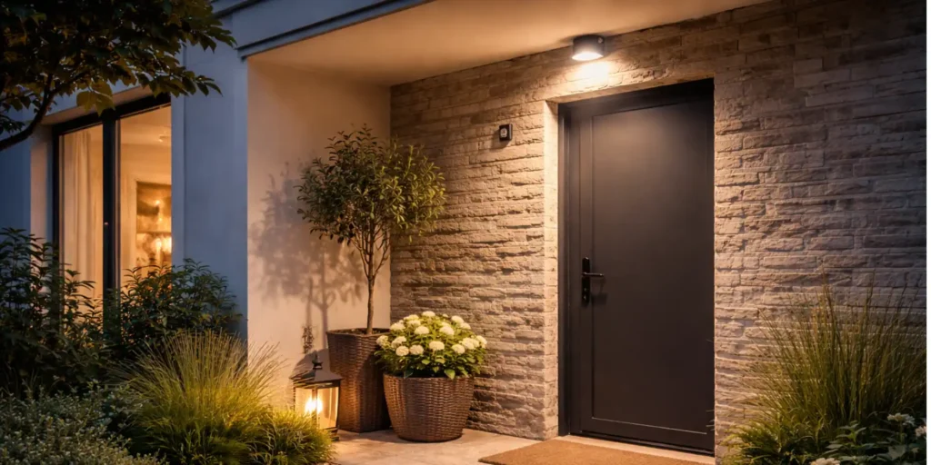 Entrada de vivienda moderna con puerta oscura, luz de presencia encendida y sensor de movimiento discreto en la pared exterior