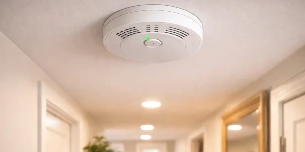 Detector de humo instalado en el techo de un pasillo doméstico con iluminación interior