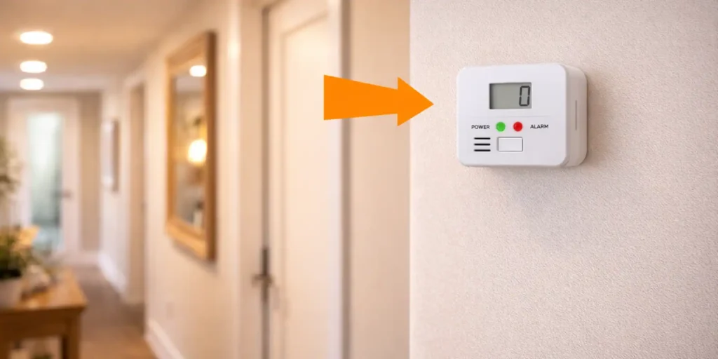 Detector de monóxido de carbono instalado en la pared de un pasillo doméstico para la seguridad en el hogar