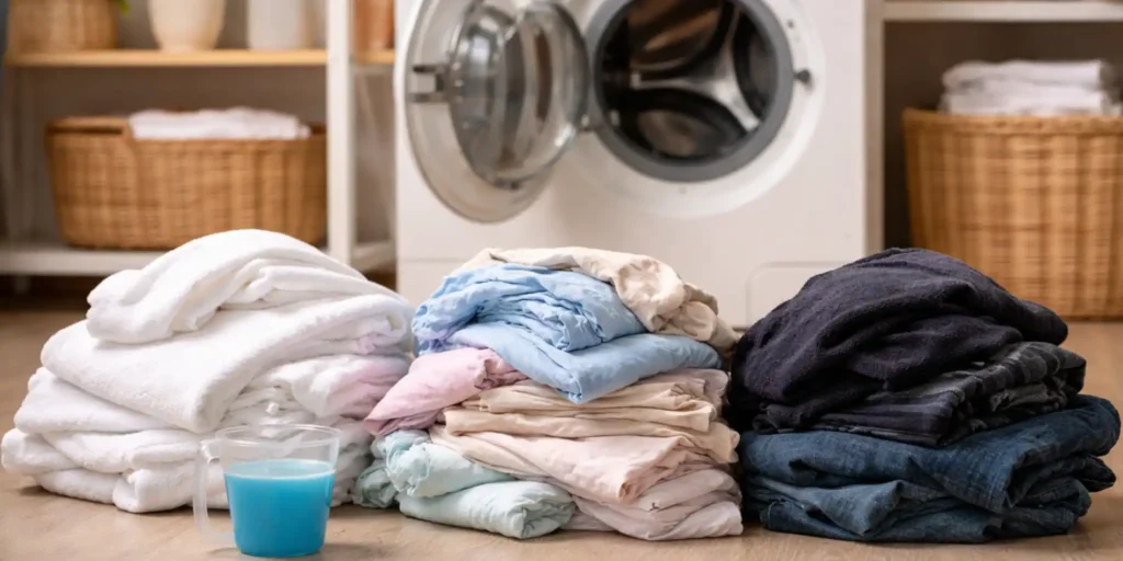 Ropa separada en tres montones blancos claros y oscuros frente a una lavadora abierta con taza medidora de detergente para tu lavanderia y quitamanchas