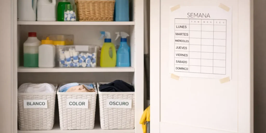 Armario de limpieza con tres cestos etiquetados blanco color y oscuro estantes con detergentes y calendario semanal en la puerta