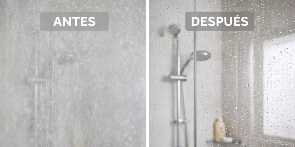 Comparación de mampara de ducha con cal opaca y cristal limpio y transparente después de eliminar la cal