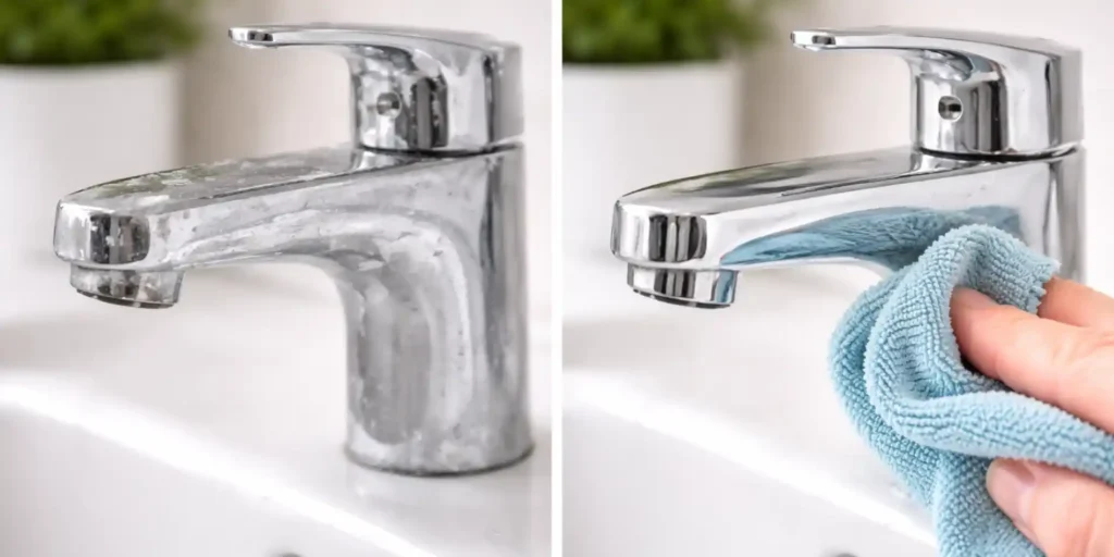 Comparación de grifo cromado con manchas de cal y el mismo grifo limpio mientras una mano lo pule con un paño de microfibra