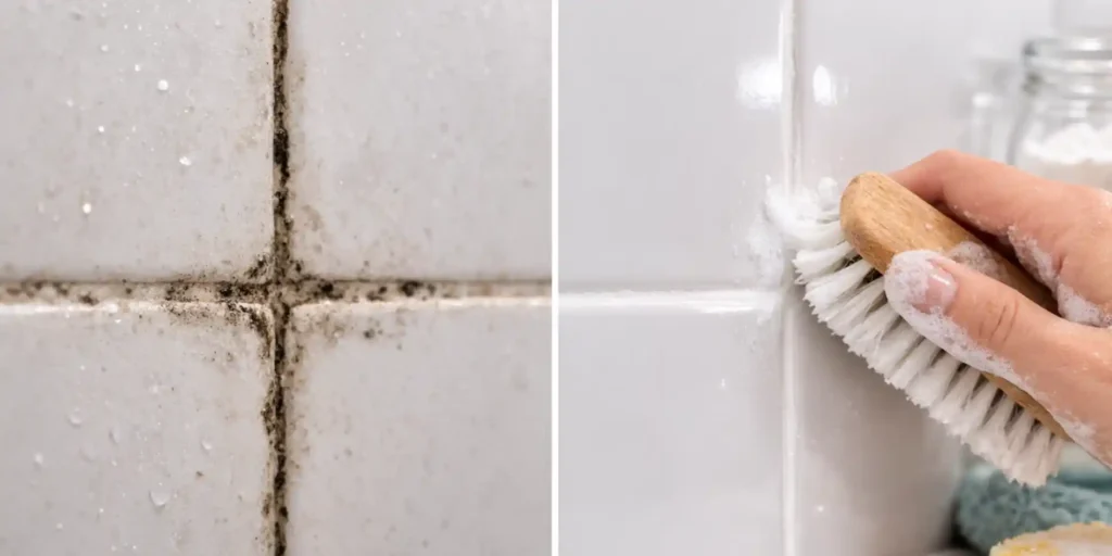 Comparación de juntas de azulejos con moho y las mismas juntas limpias después de cepillar con percarbonato