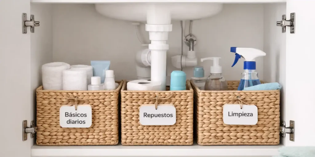 Interior de mueble de lavabo organizado con cestas etiquetadas básicos diarios repuestos y limpieza