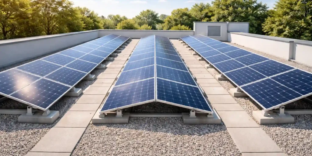 Azotea plana con varias filas de paneles solares orientados al sur sobre estructuras con lastre y pasillos de mantenimiento