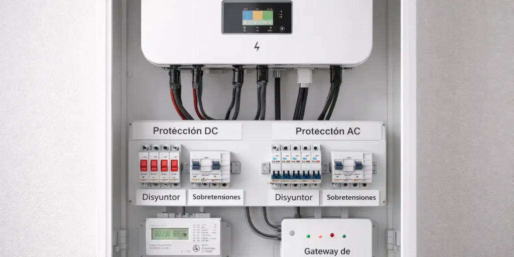 Armario técnico de paneles solares con inversor híbrido protecciones eléctricas contador de energía y sistema de monitorización