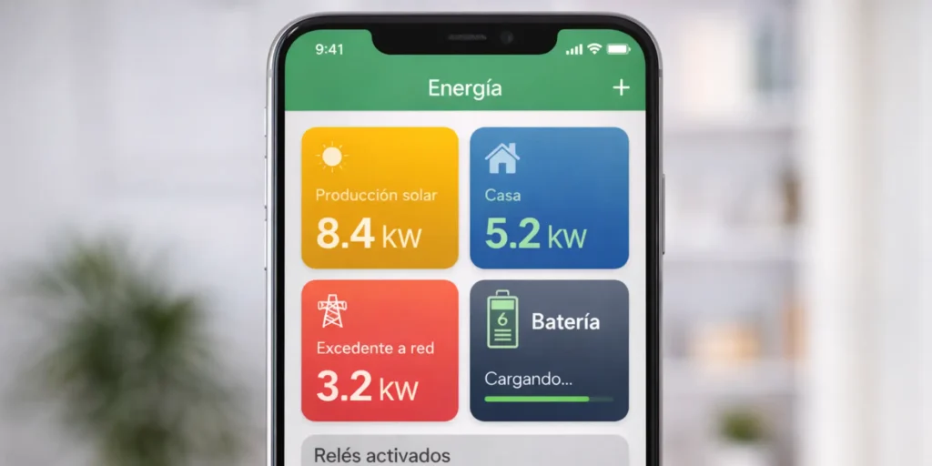 Teléfono móvil mostrando app de autoconsumo solar con producción fotovoltaica consumo del hogar batería y excedente a la red