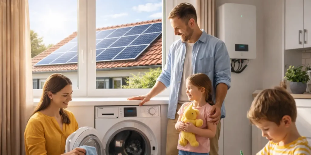 Familia en casa utilizando electrodomésticos mientras los paneles solares generan energía en el tejado