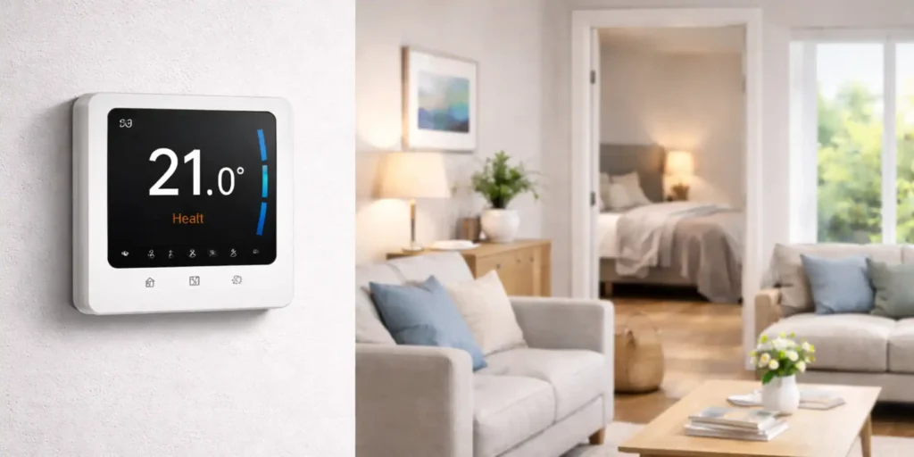 termostato inteligente en salón controlando temperatura por estancias
