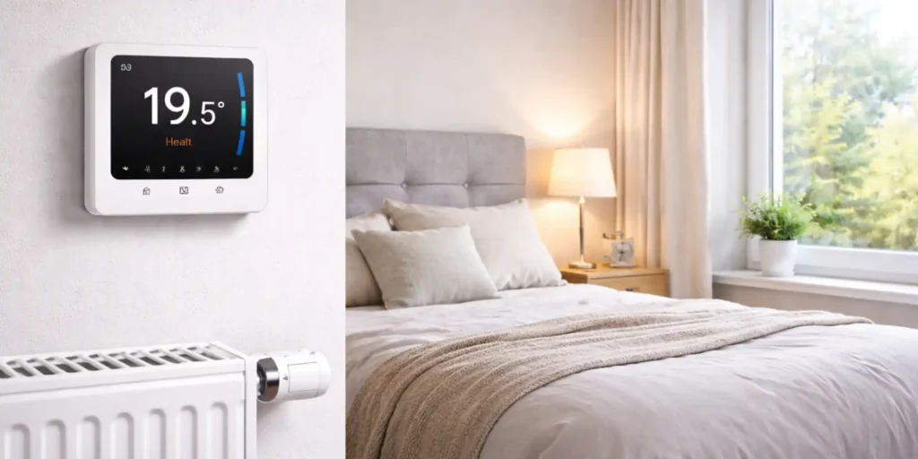 termostatos inteligentes instalados en dormitorio con radiador y válvula termostática