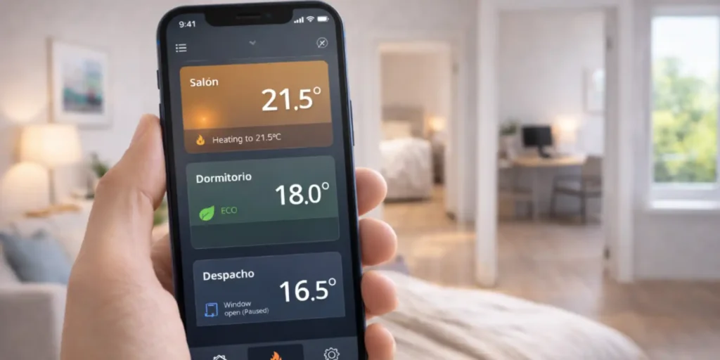 app de termostatos inteligentes mostrando control de temperatura por estancias